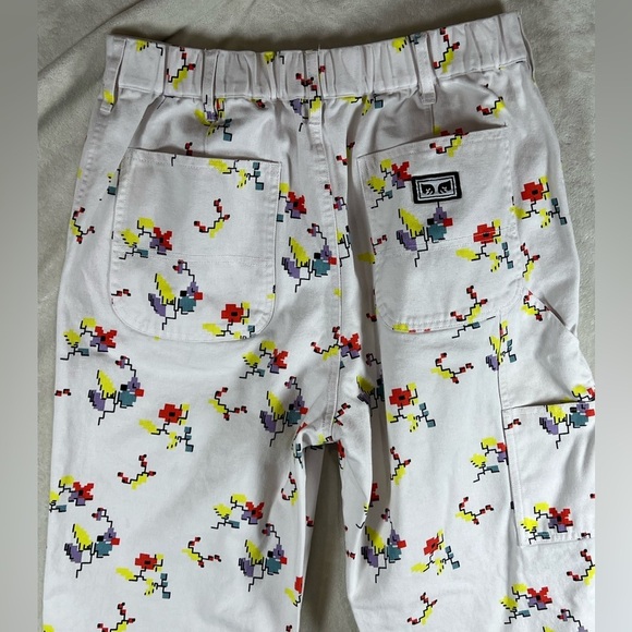Obey Women’s Size 27 White Carpenter Cotton Pants with 8-Bit Floral Print Bug - Picture 10 of 13